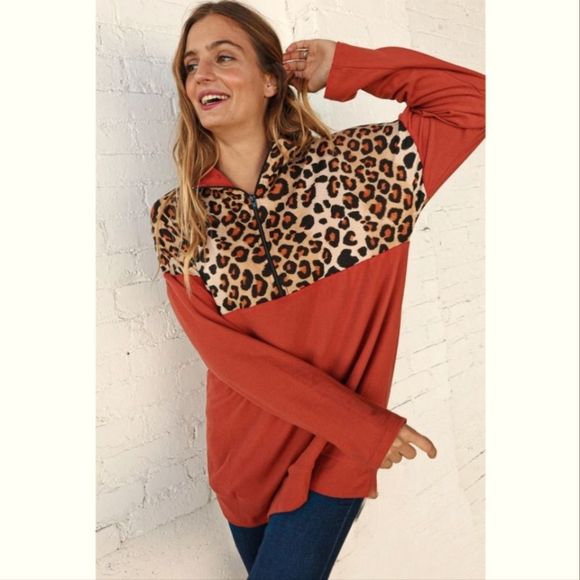 Rust Animal Print Color Block Zip Top - Picture 1 of 3